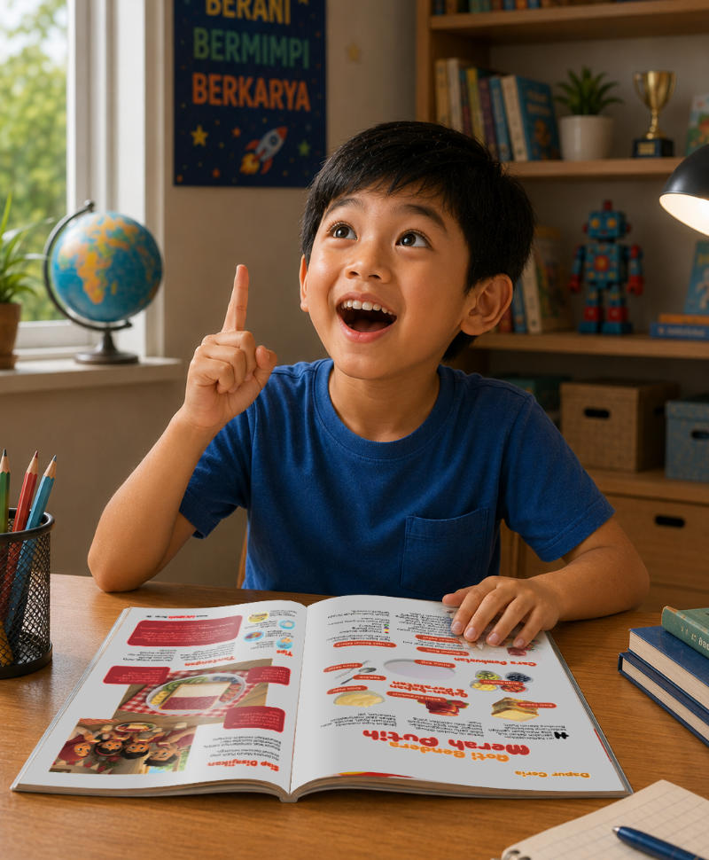 Anak membaca Majalah Anak Indonesia dengan gembira