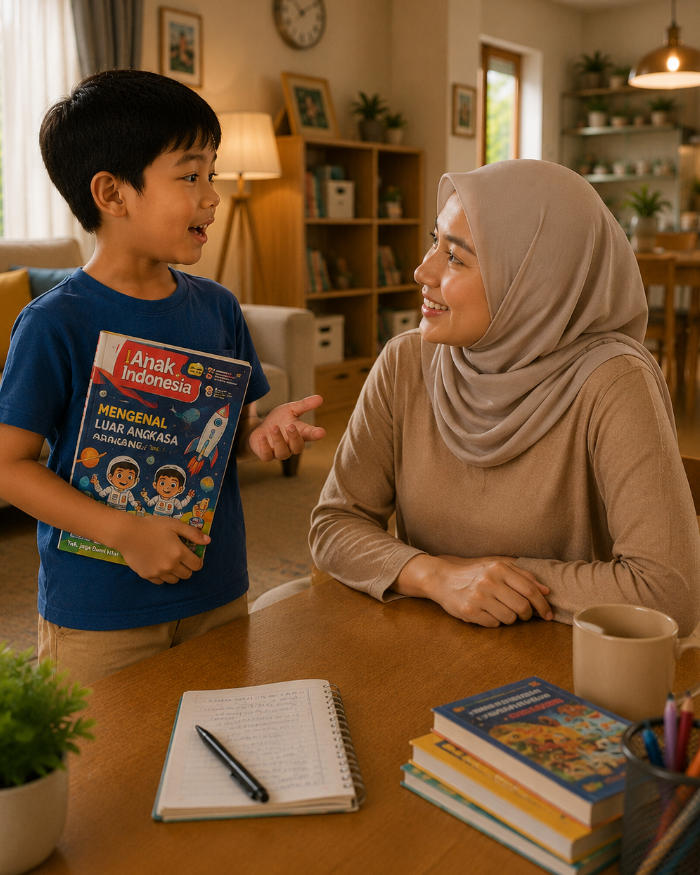 Anak berdiskusi dengan ibunya tentang cerita di majalah
