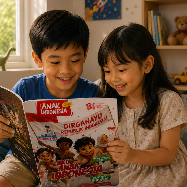 Keluarga membaca majalah anak bersama-sama