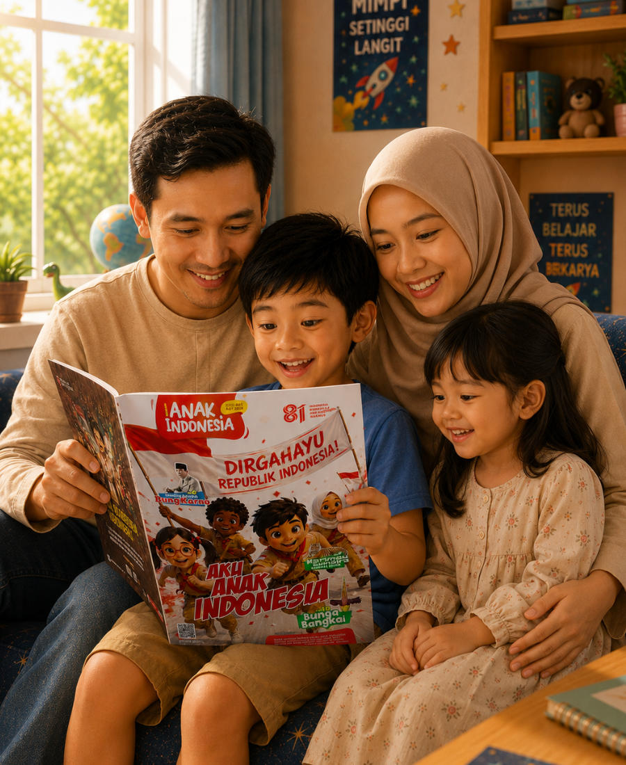 Keluarga duduk bersama membaca Majalah Anak Indonesia di ruang keluarga