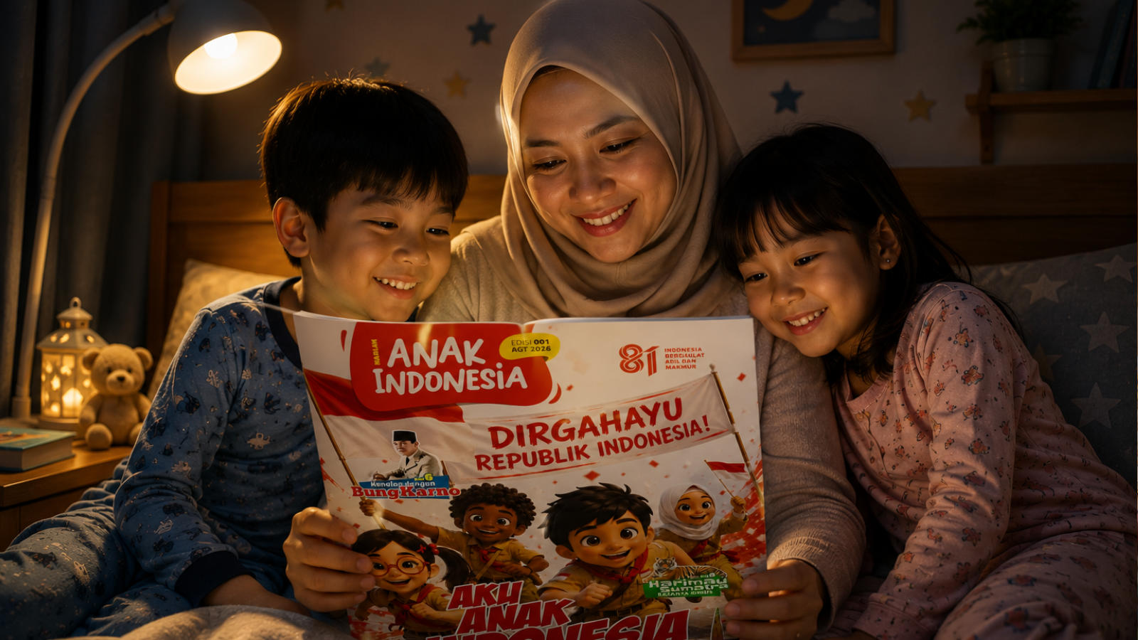 Keluarga membaca majalah anak bersama sebelum tidur