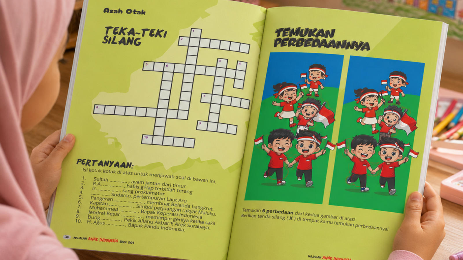 Anak mengerjakan kuis dan teka-teki di majalah